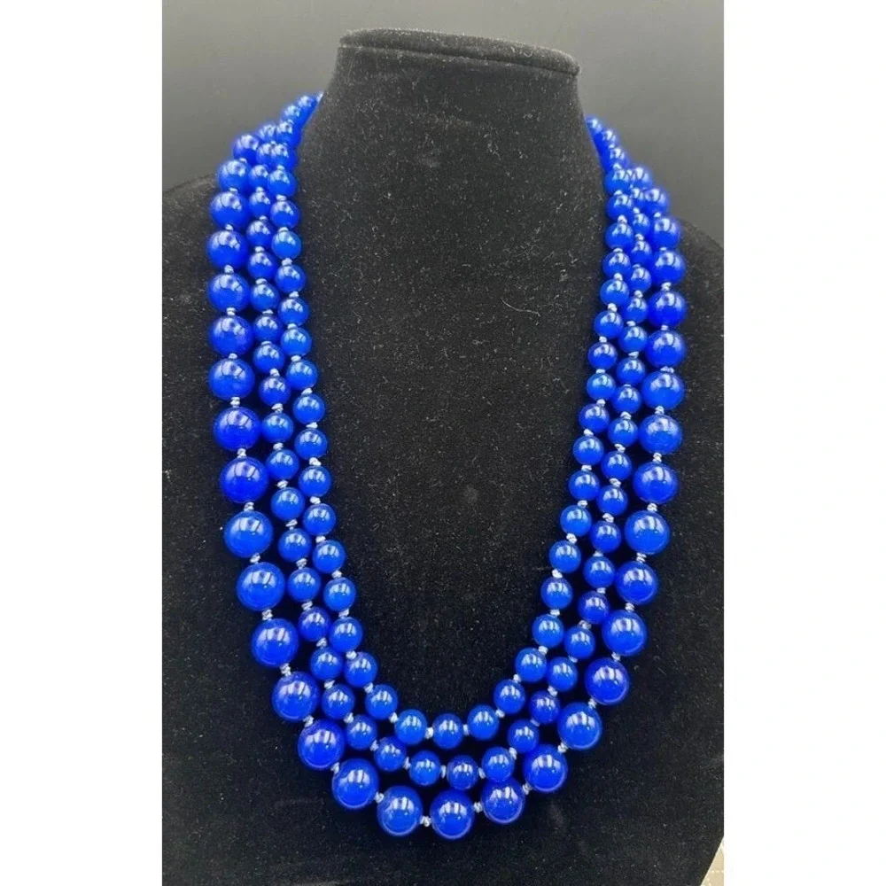 Vintage Glass Necklace Royal Blue Multi Strand Beads Floral Crystal Pave Accent